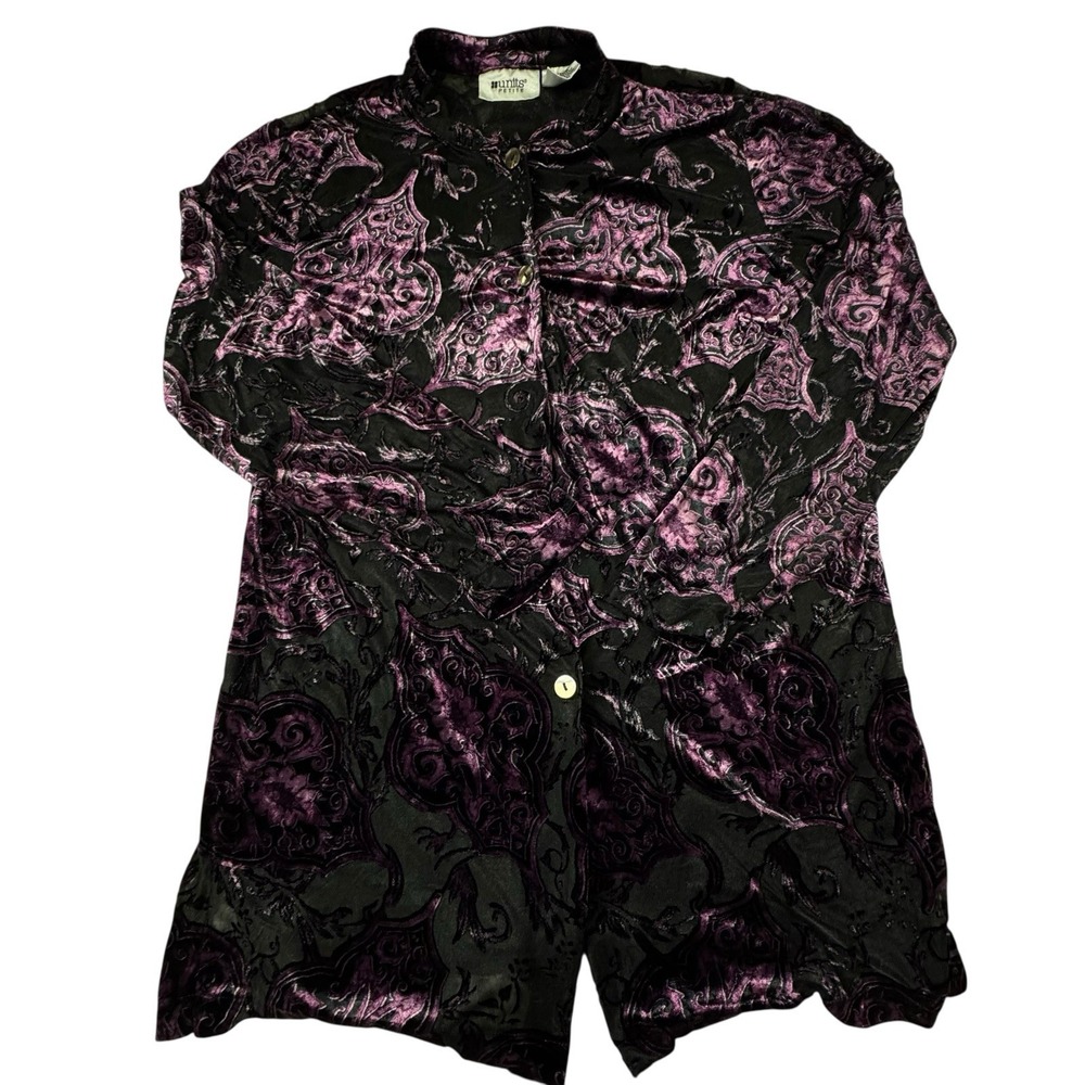 Women's Purple Burnout Velvet‎ Sheer Button Down Shirt Art to Wear Fairy